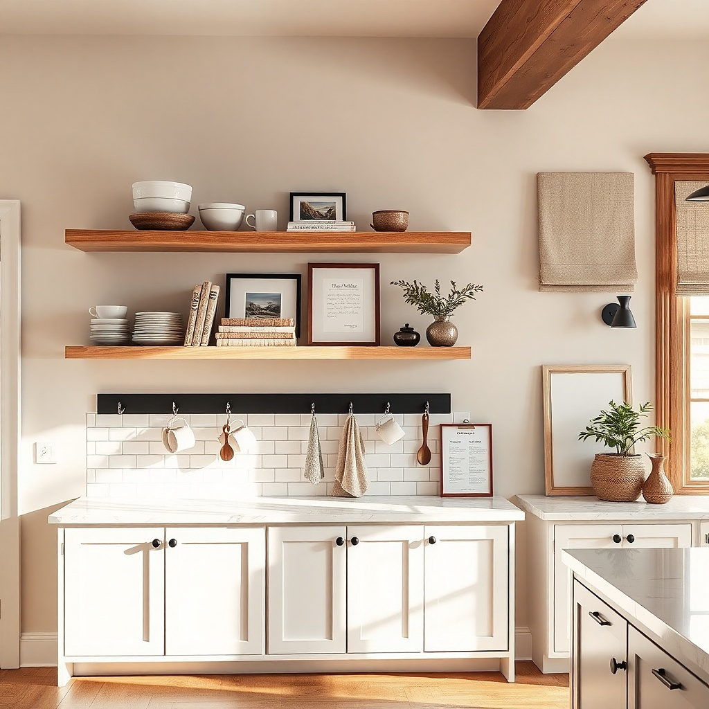 White floating shelf with stacked bowls and a small hanging hook under the shelf
