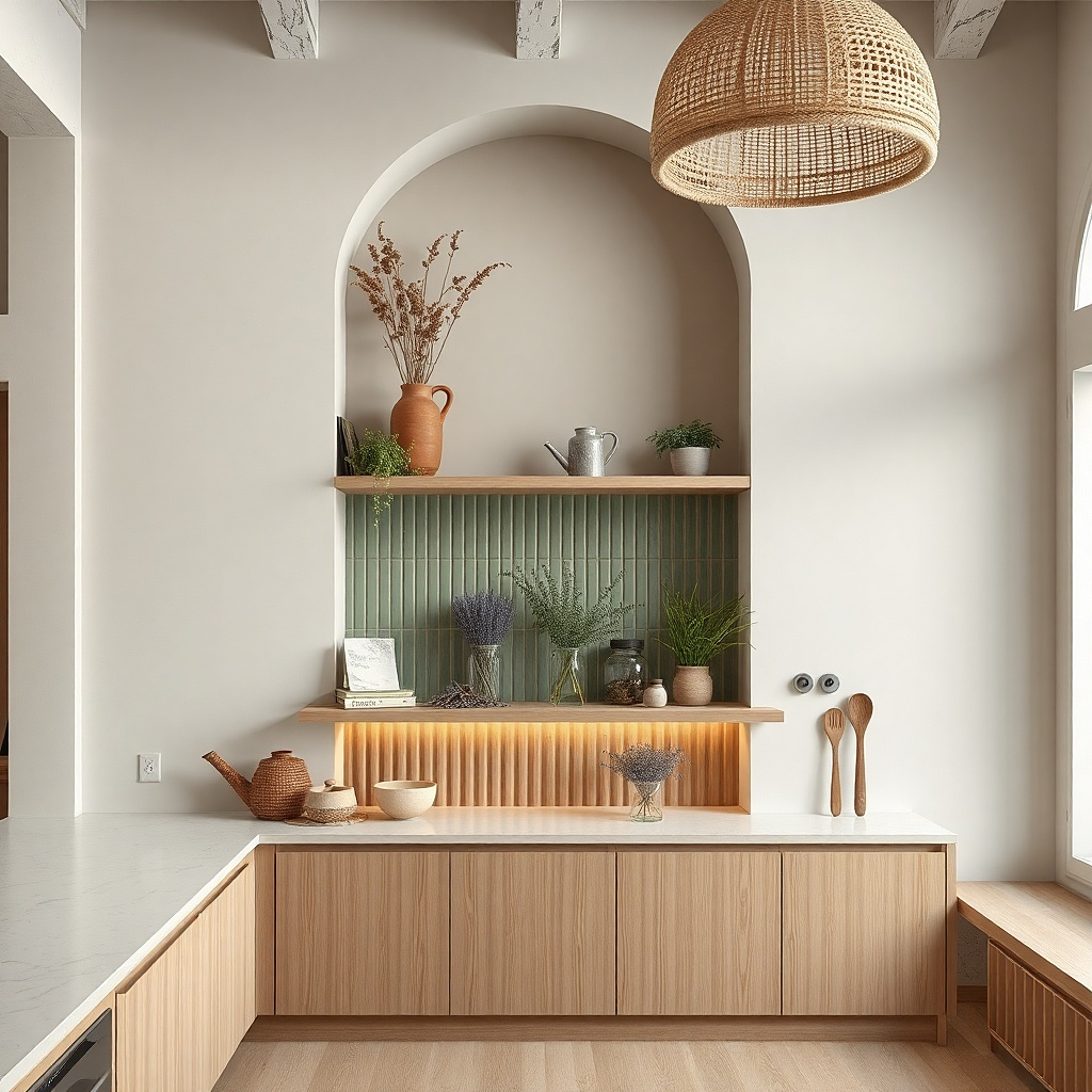 Open shelf with a ceramic planter and a small jar of dried stems