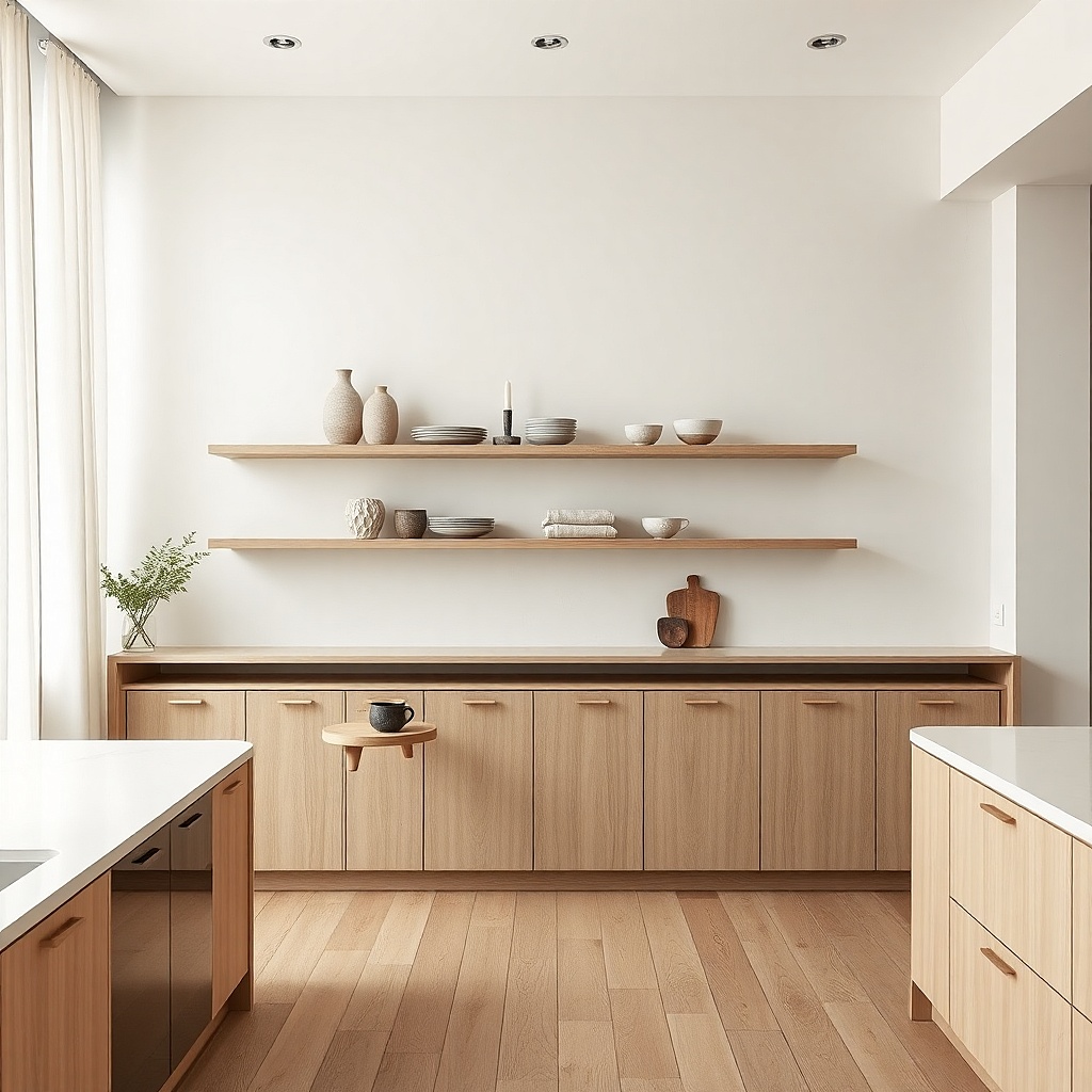 Slim shelf with acrylic risers holding small plates and a single utensil holder