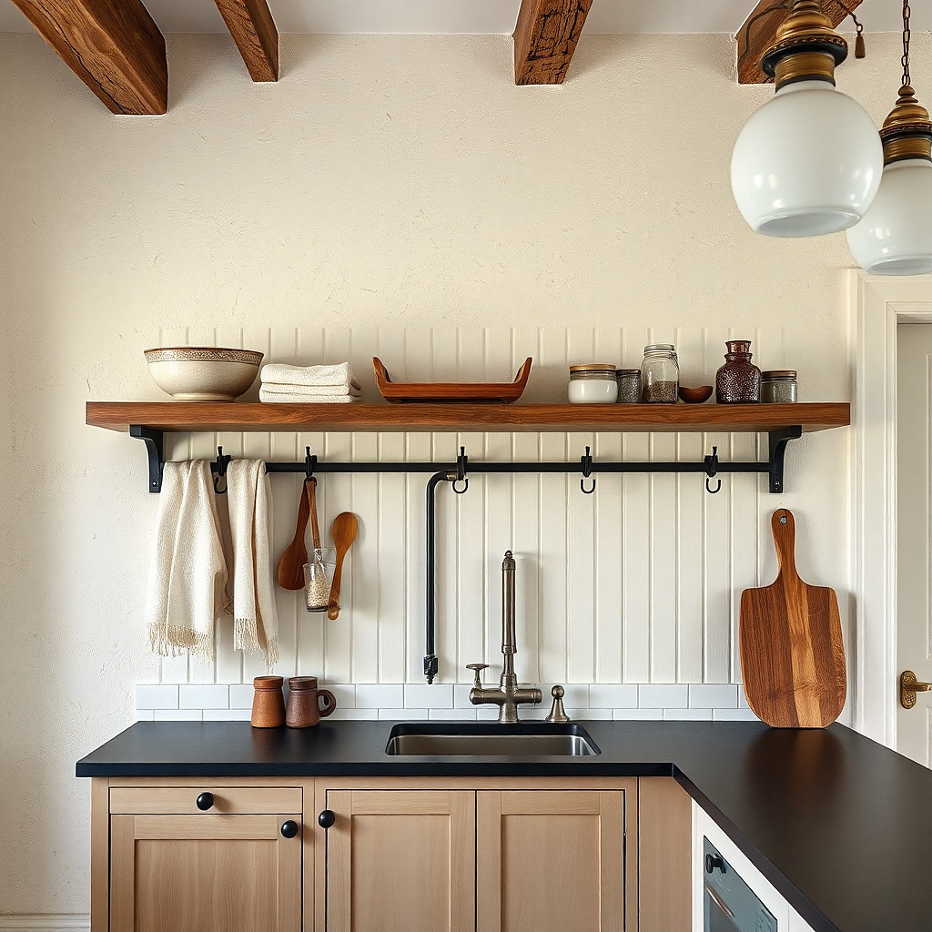 Wood wall shelf with a towel bar and one ceramic bowl placed near the corner