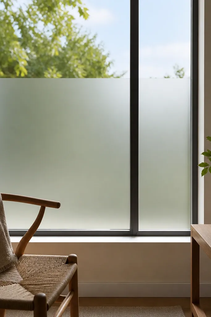 Window with frosted privacy film covering the lower glass and a clear strip at the top