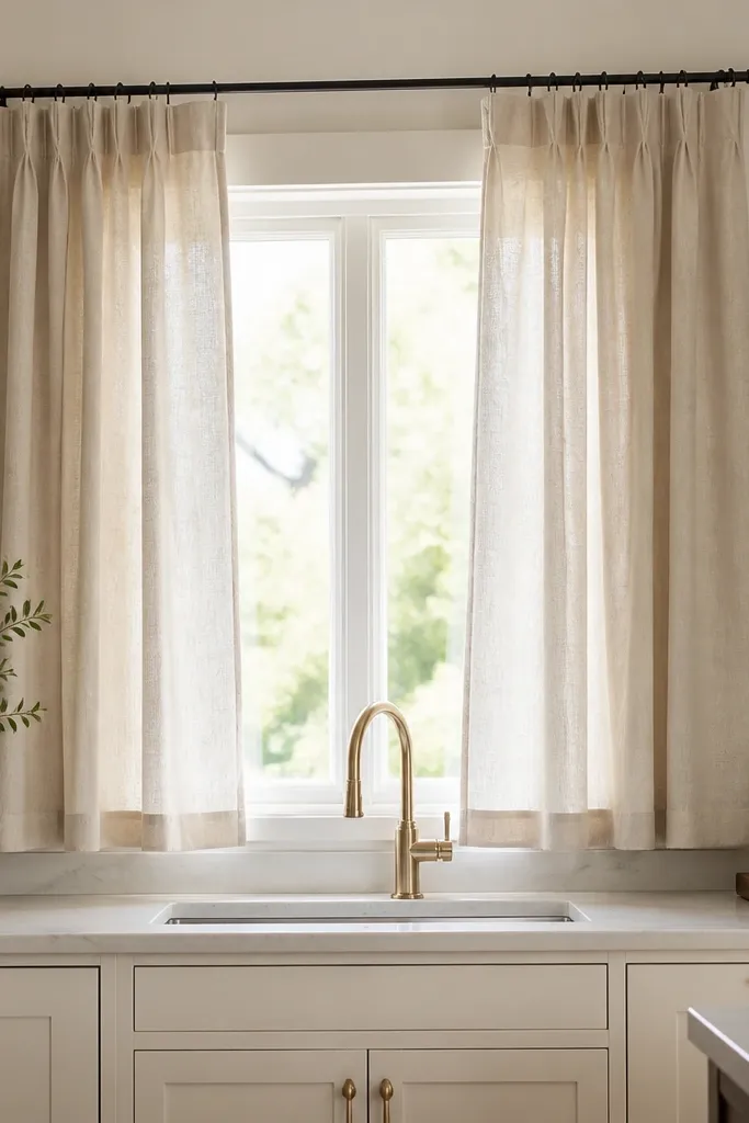 Cream linen curtains mounted above a kitchen window with fabric overlapping the window sides