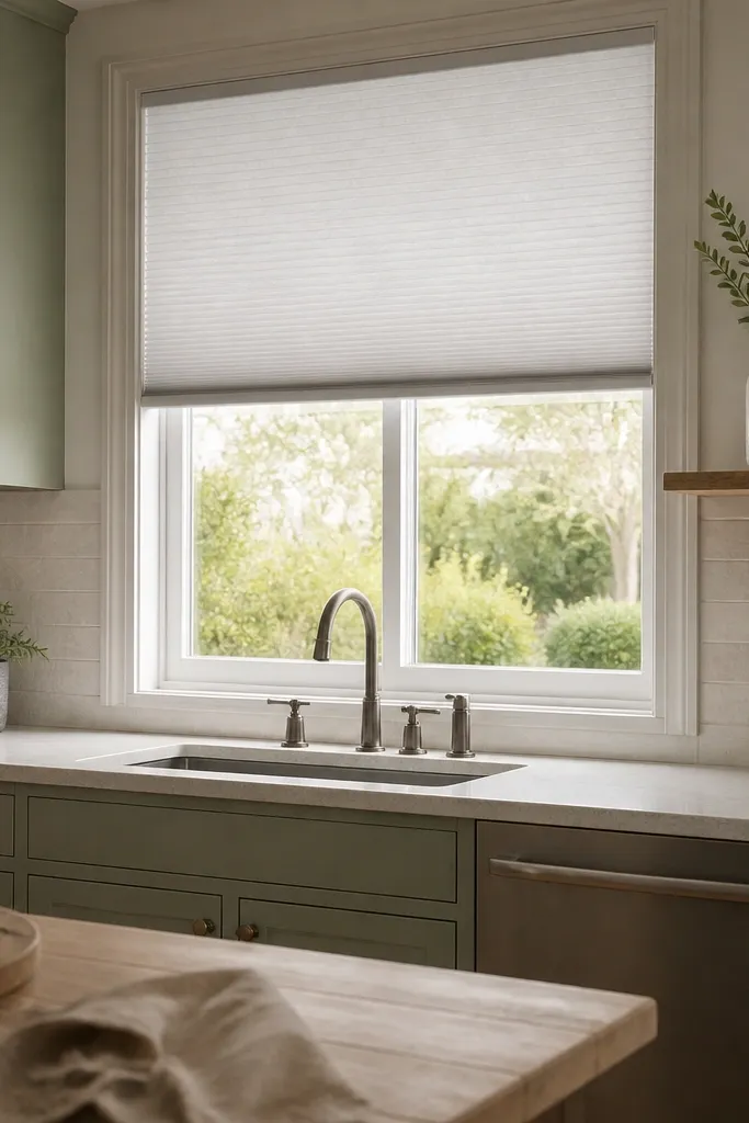 White top-down bottom-up cellular shade on a kitchen window with the top lowered and bottom raised