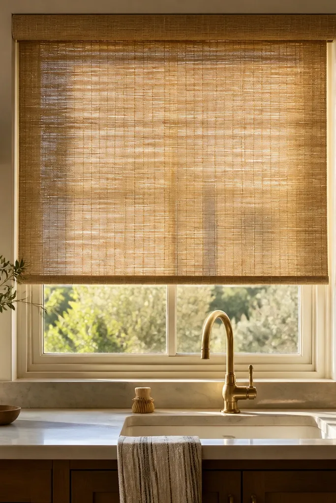 Woven wood roller shade rolled down across a kitchen window with warm light filtering through