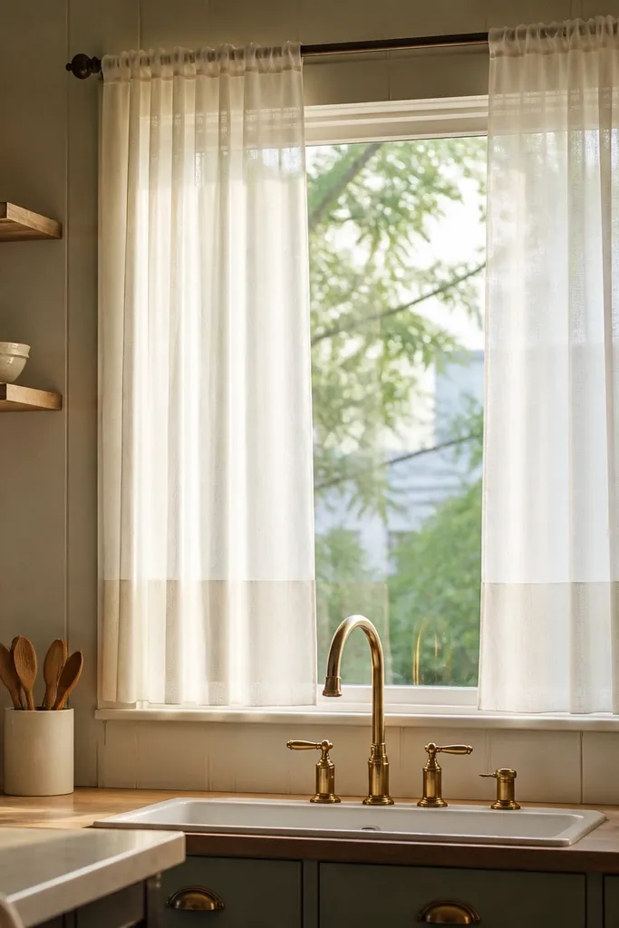 White sheer curtain with a small opaque panel at the bottom of a kitchen window