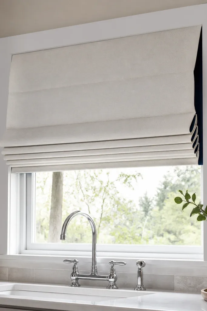 Folded roman shade with a light outer fabric and blackout lining on a kitchen window