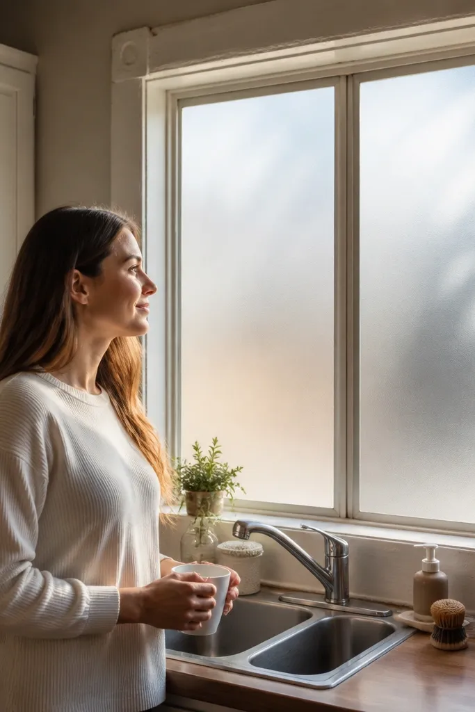 Translucent magnetic privacy panels covering a kitchen window with neat edges