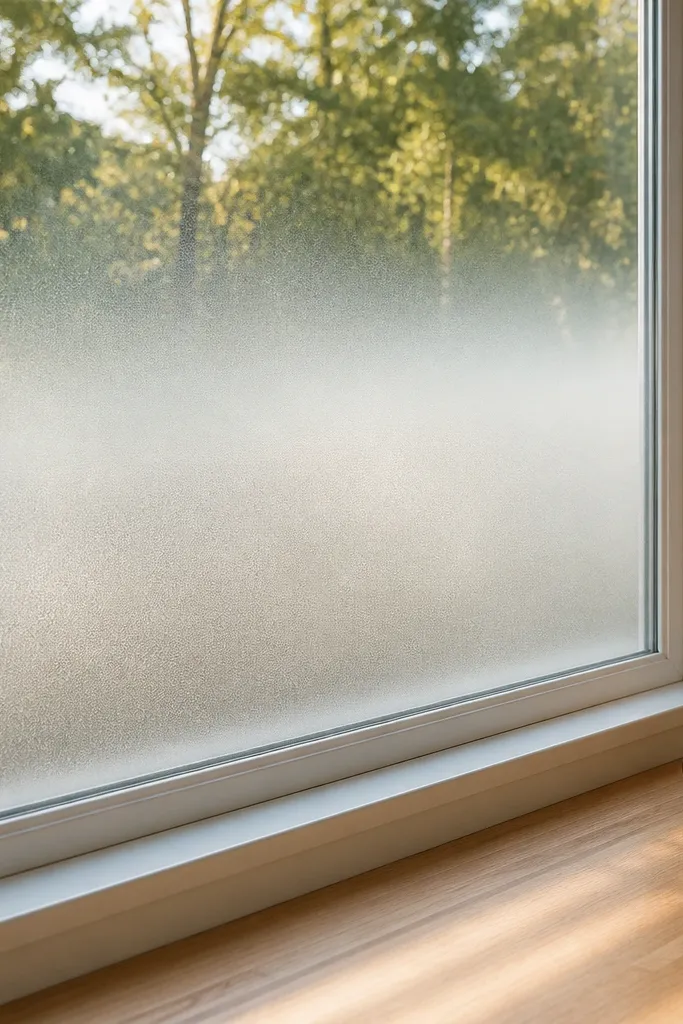 Window with a gradient privacy film transitioning from clear at top to frosted at bottom