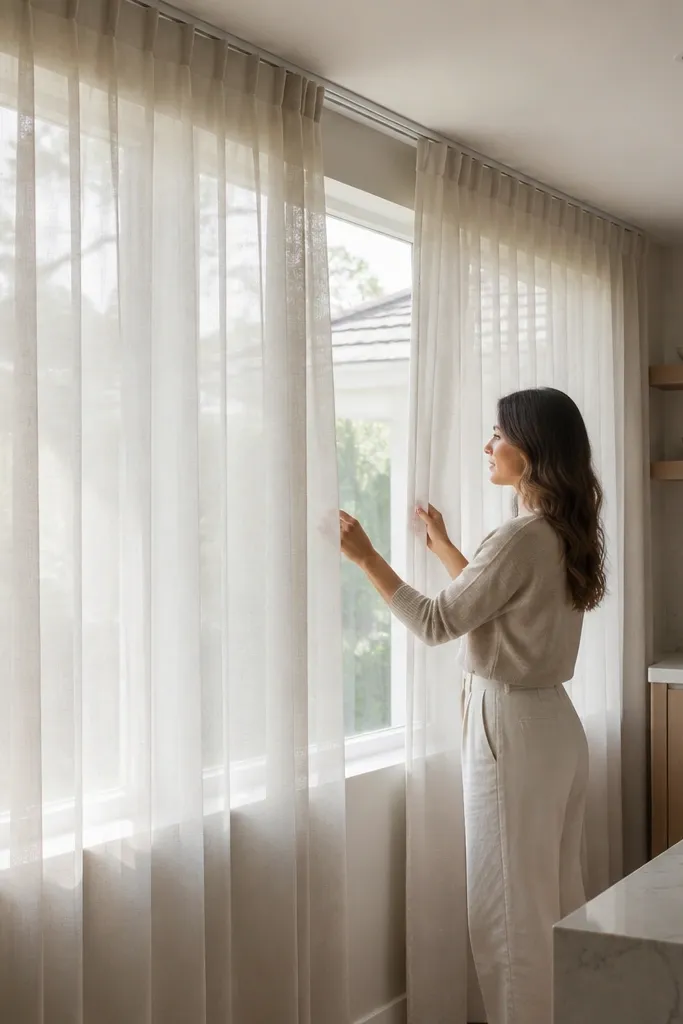 Two sheer panels on a track covering a kitchen window with soft folds and side overlap