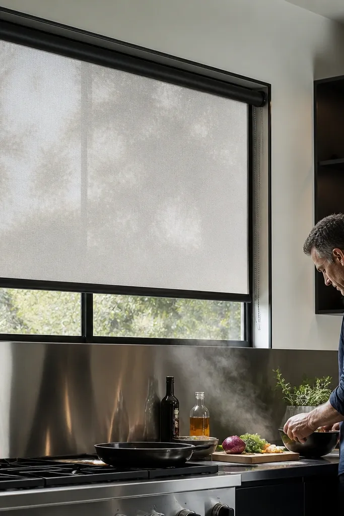 Roller shade with a light-filtering fabric on a kitchen window with a neat bottom rail