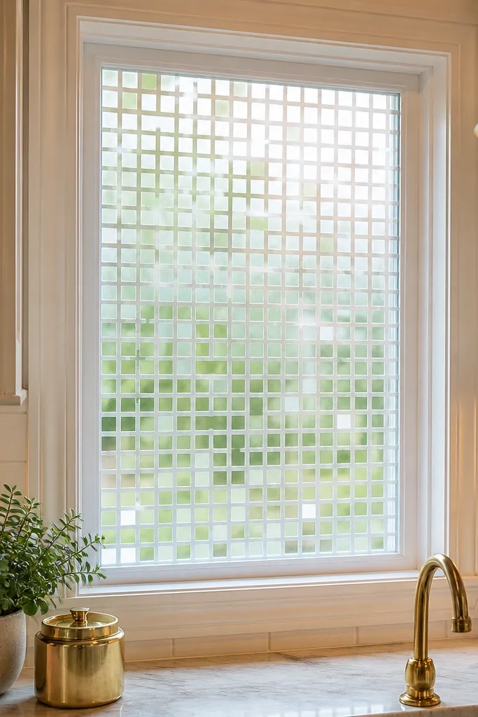 Window covered with lattice-style privacy film creating a geometric grid pattern