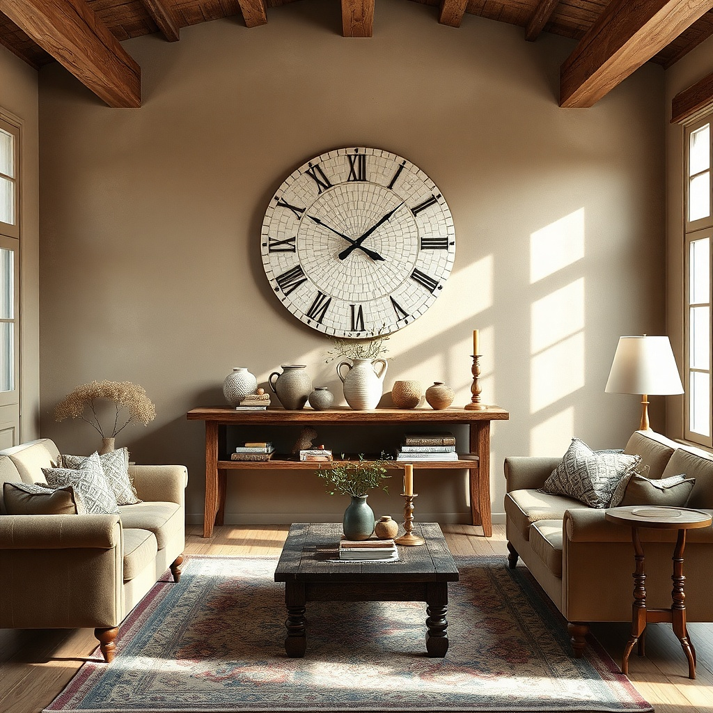Brass and white ceramic tile wall clock on a warm neutral wall