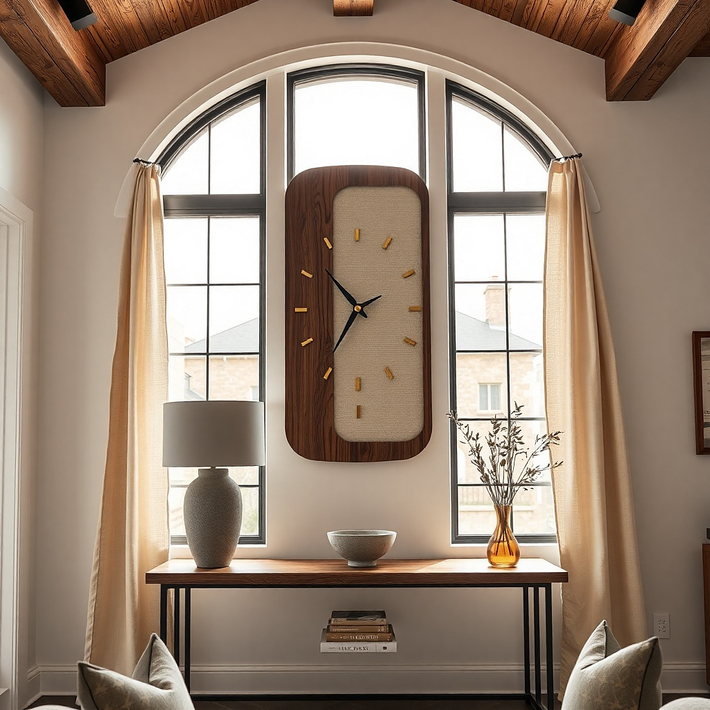 Slim vertical wall clock with minimal numerals on a narrow wall