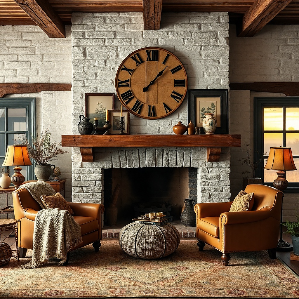Weathered wood wall clock with large numerals on a neutral living room wall