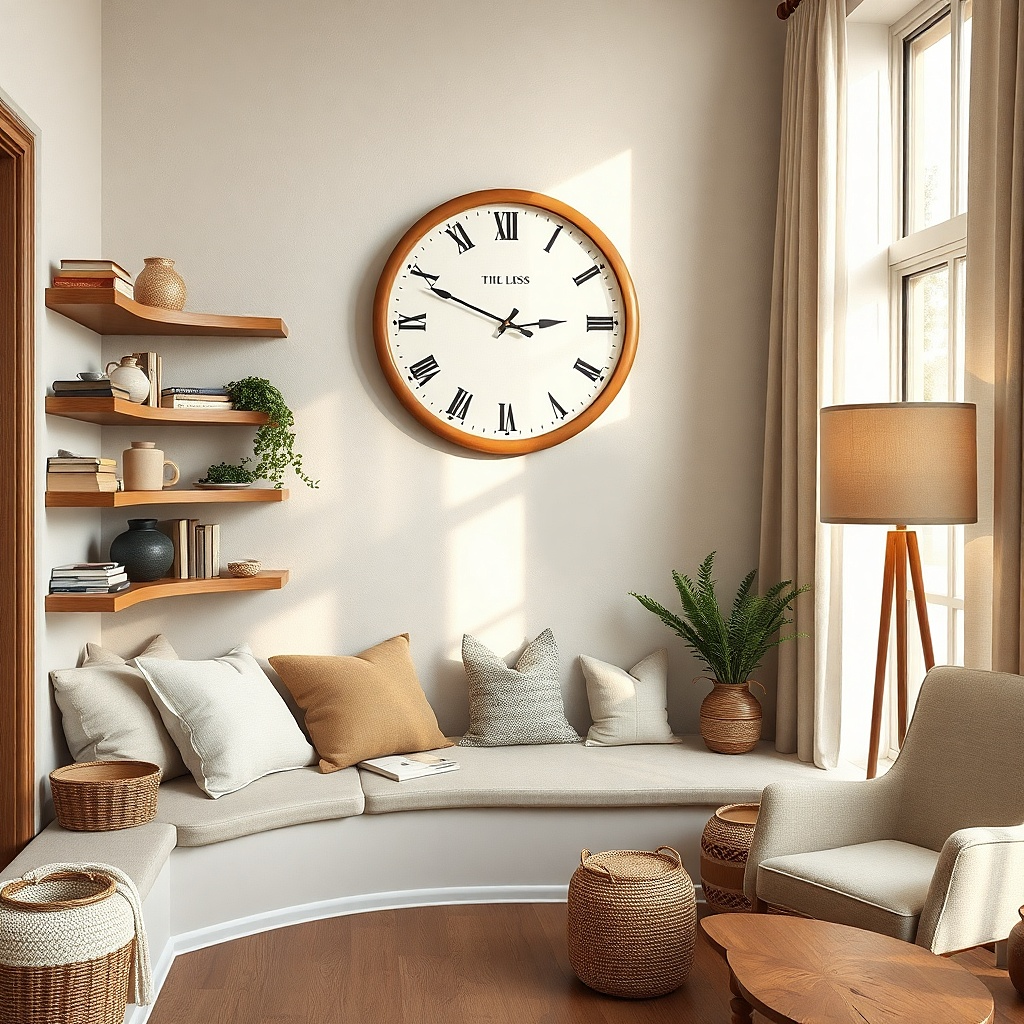 Teak-toned mid-century wall clock with thin baton hands