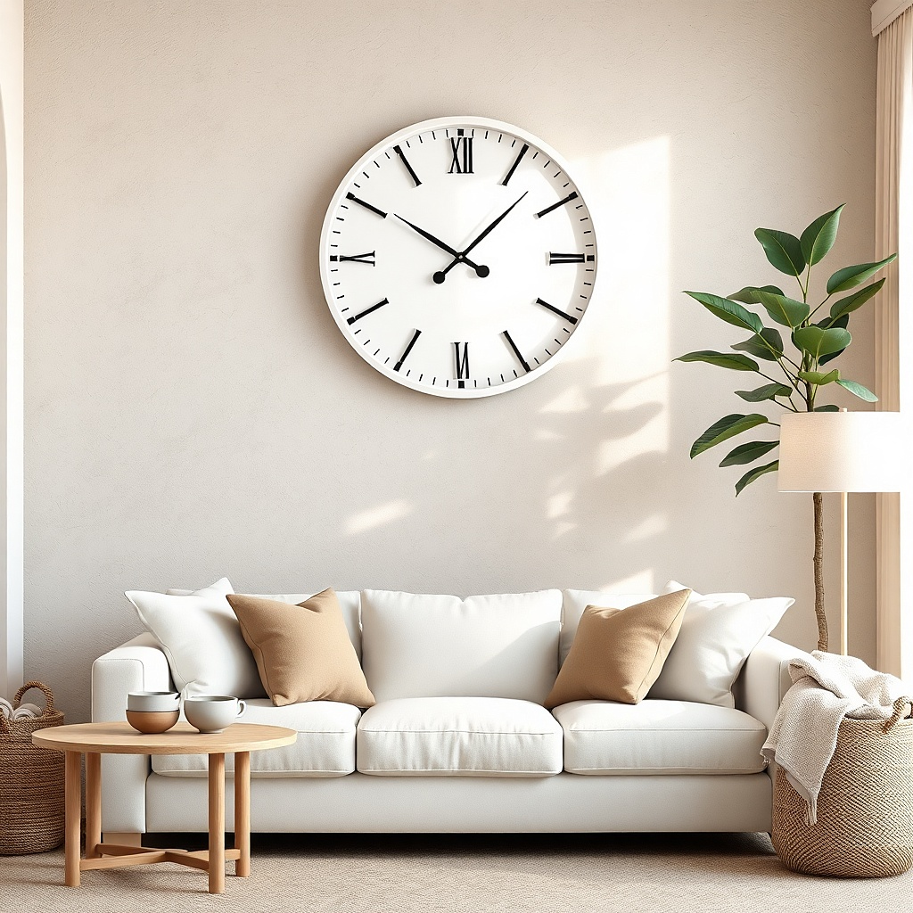 White wall clock with raised rim and minimal hands on a light wall