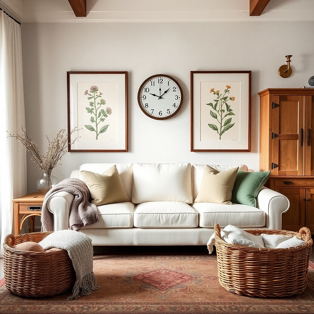 Round clock centered between two matching framed prints on a living room wall