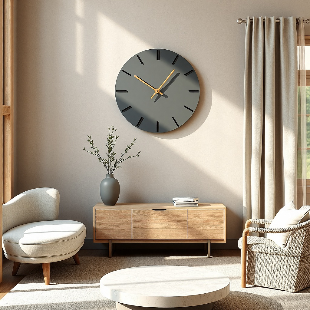 Slate-gray wall clock with minimal line markers and dark hands