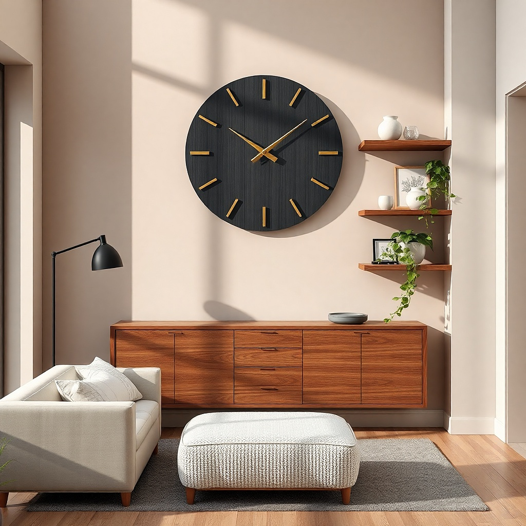 Round wall clock with clear face and black backing