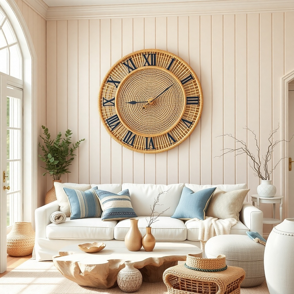 Rattan-framed wall clock with a simple white face