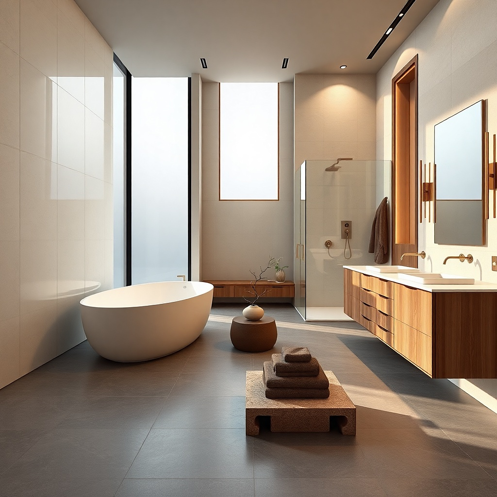 White porcelain slab tile walls with thin grout lines and a clean shower niche