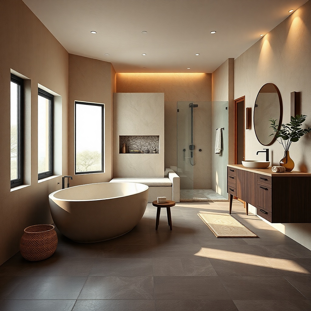 Matte stone-look porcelain bathroom floor with subtle texture and light grout lines