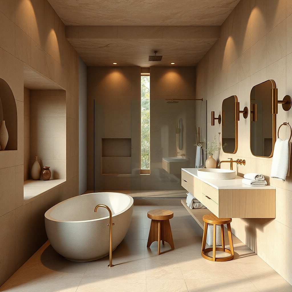 Recessed shower niche with same tile as walls and clean shelf edges