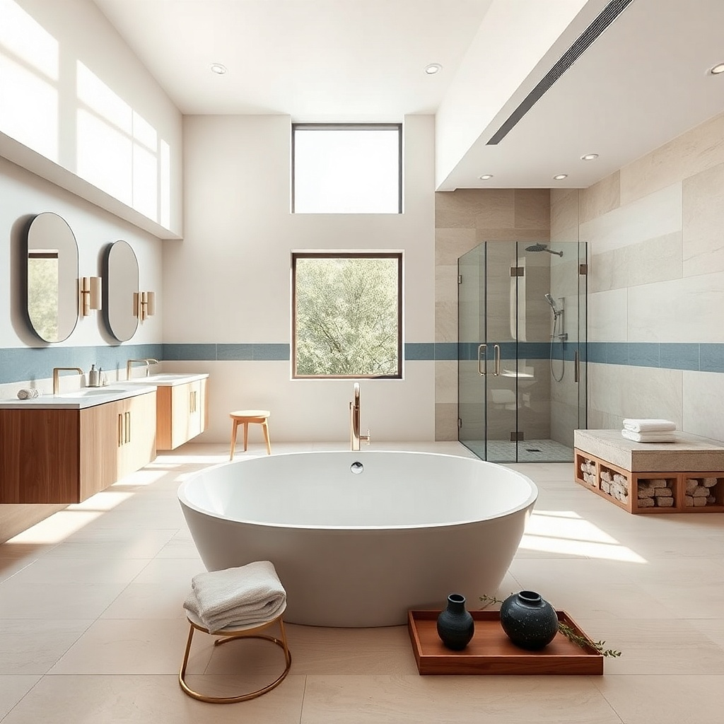 Warm neutral bathroom wall with a thin accent tile band behind the mirror