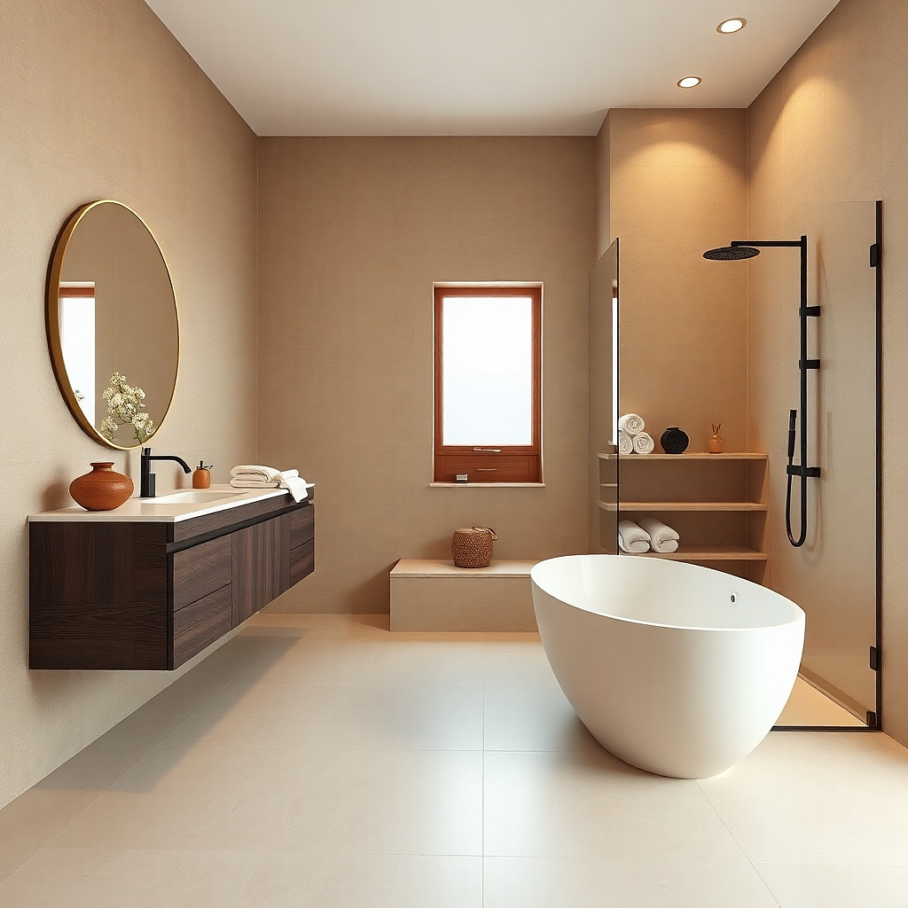 Smooth waterproof wall surfaces around the vanity and shower with a clean finish