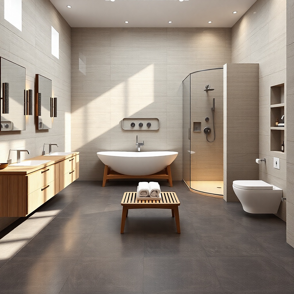 Brushed nickel faucet, towel bar, and shower trim with clean, matching lines