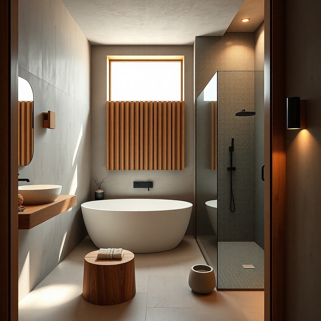 Backlit niche shelf above the vanity with neatly stored bottles and warm glow