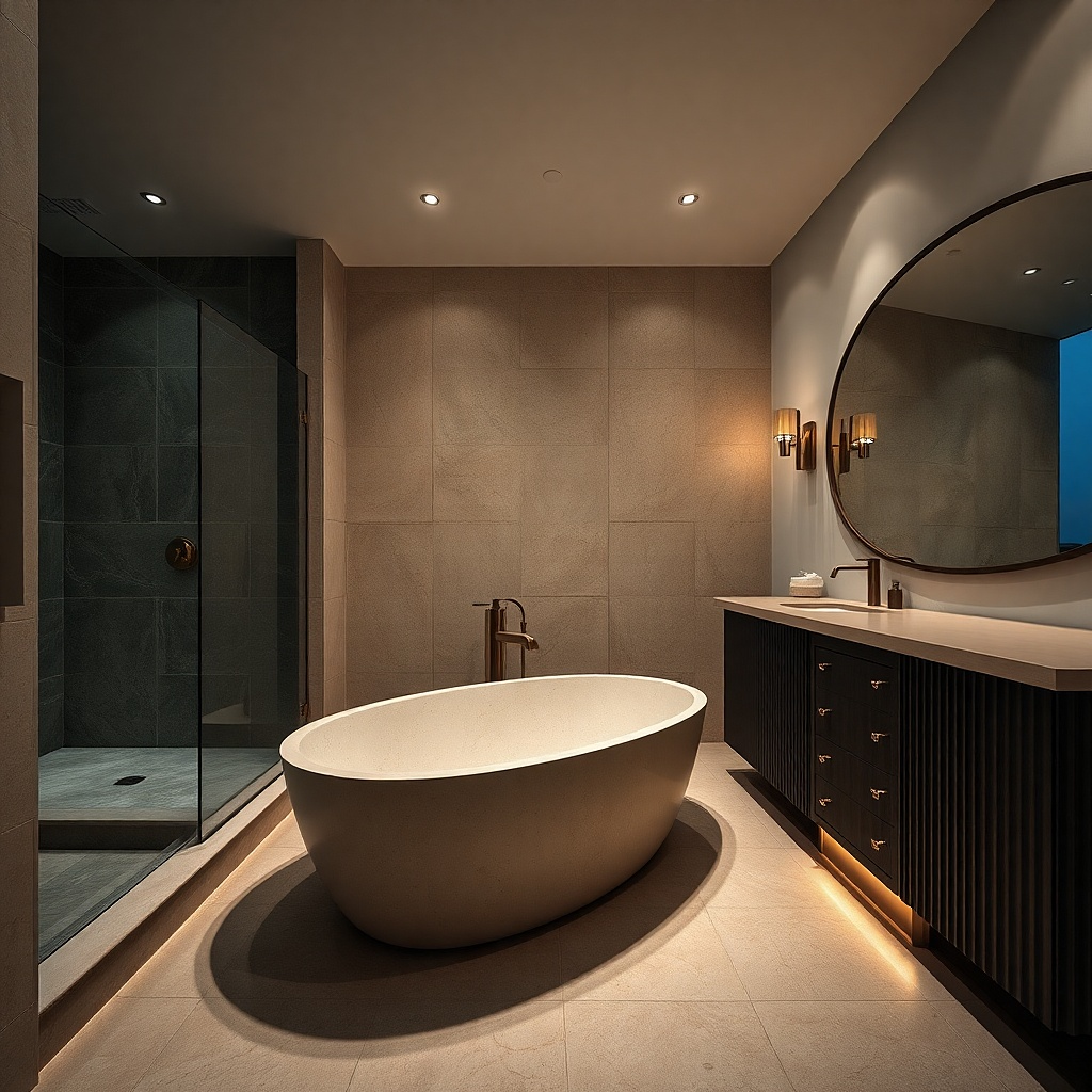 Waterproof half-wall panel behind toilet with clean trim and warm neutral finish