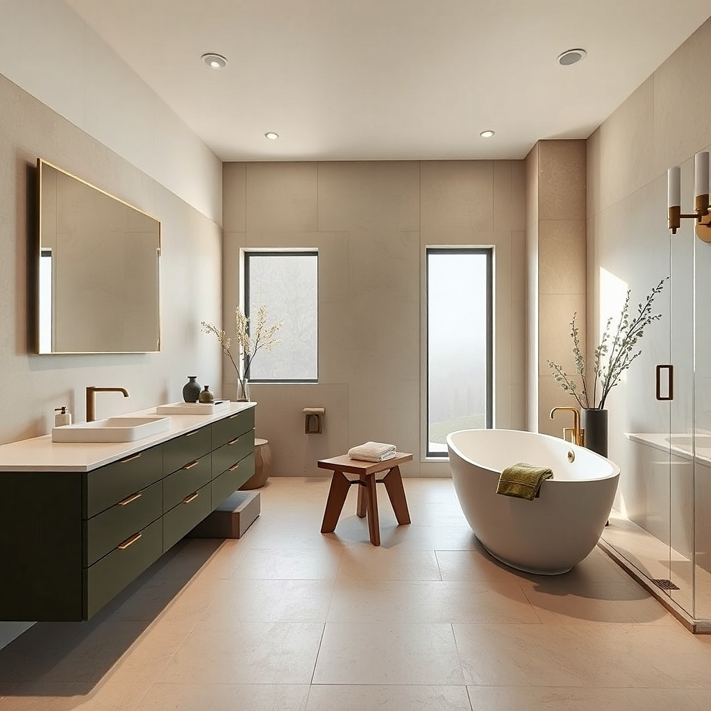 Recessed flush medicine cabinet with soft lighting above a vanity