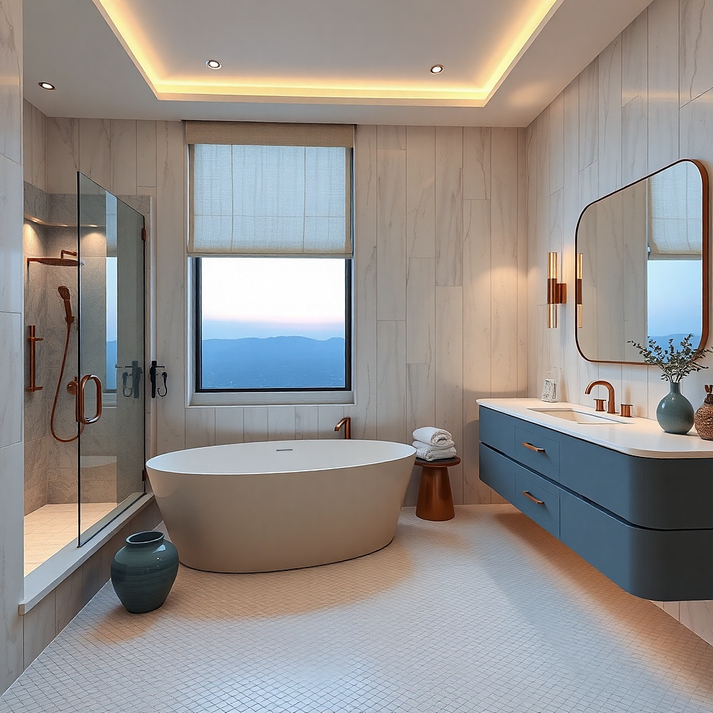 Warm wall sconces and bright mirror lighting in a small bathroom