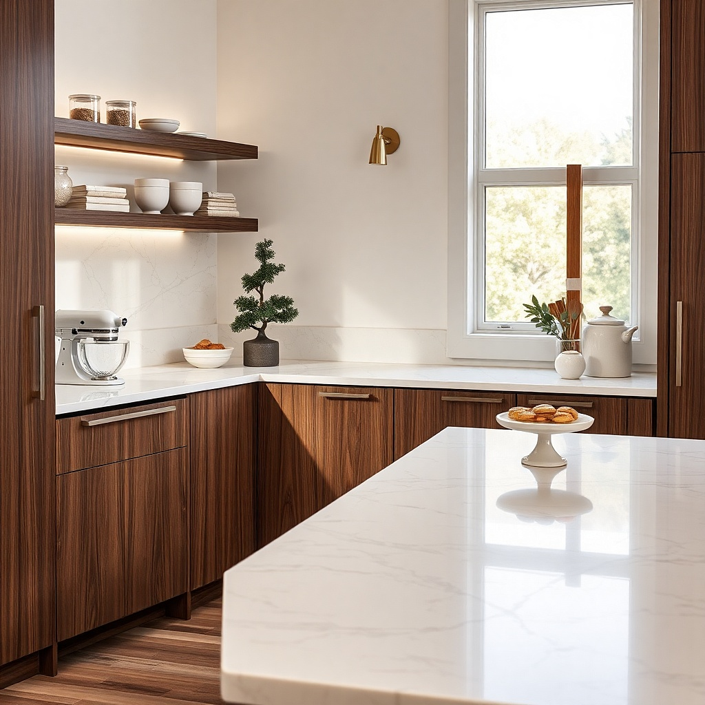 White marble baking counter with walnut appliance garage and brass hardware