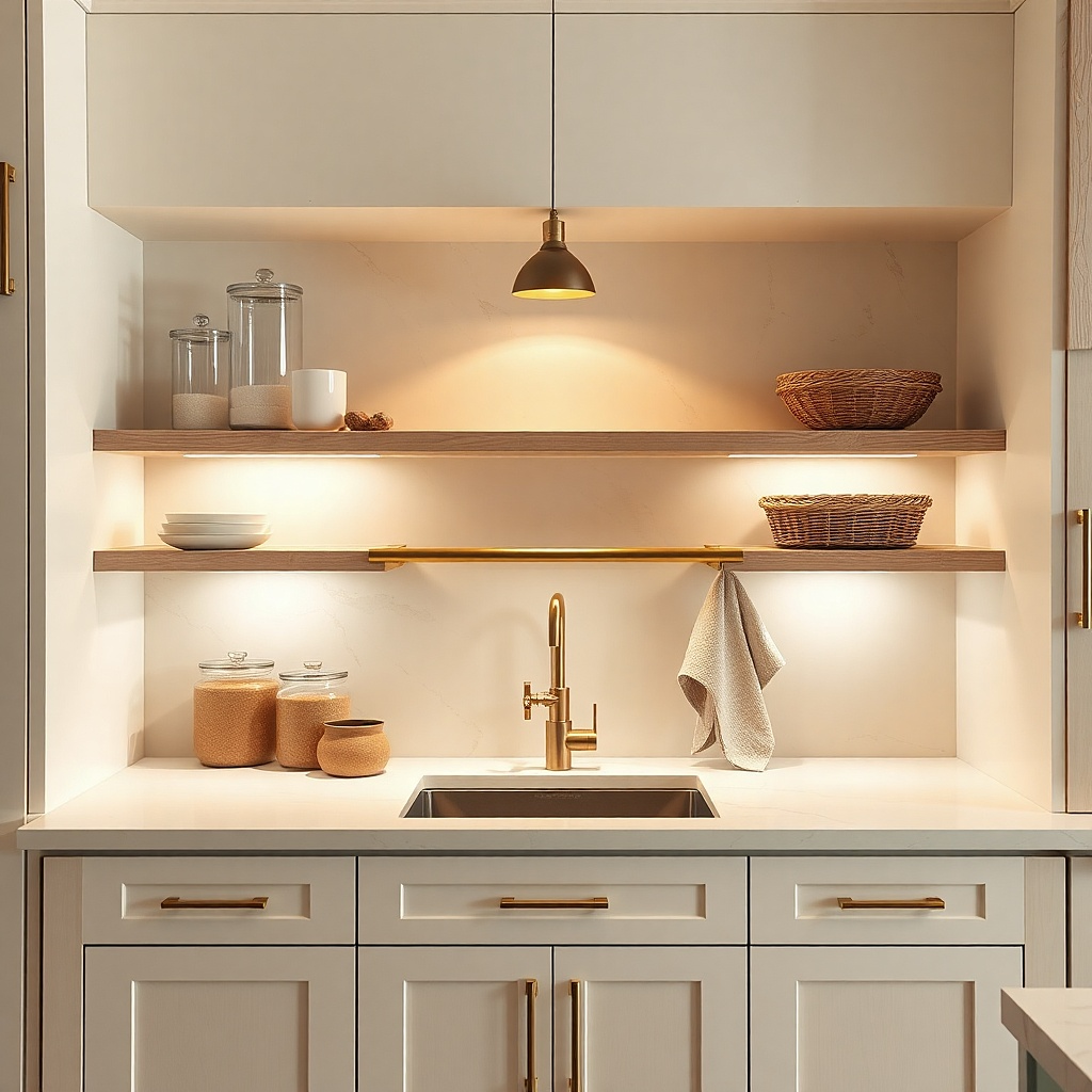 Cream quartz baking alcove with matching backsplash and brass utensil rail