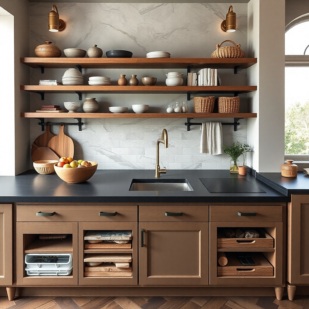 Dark soapstone baking counter with vertical tray storage below