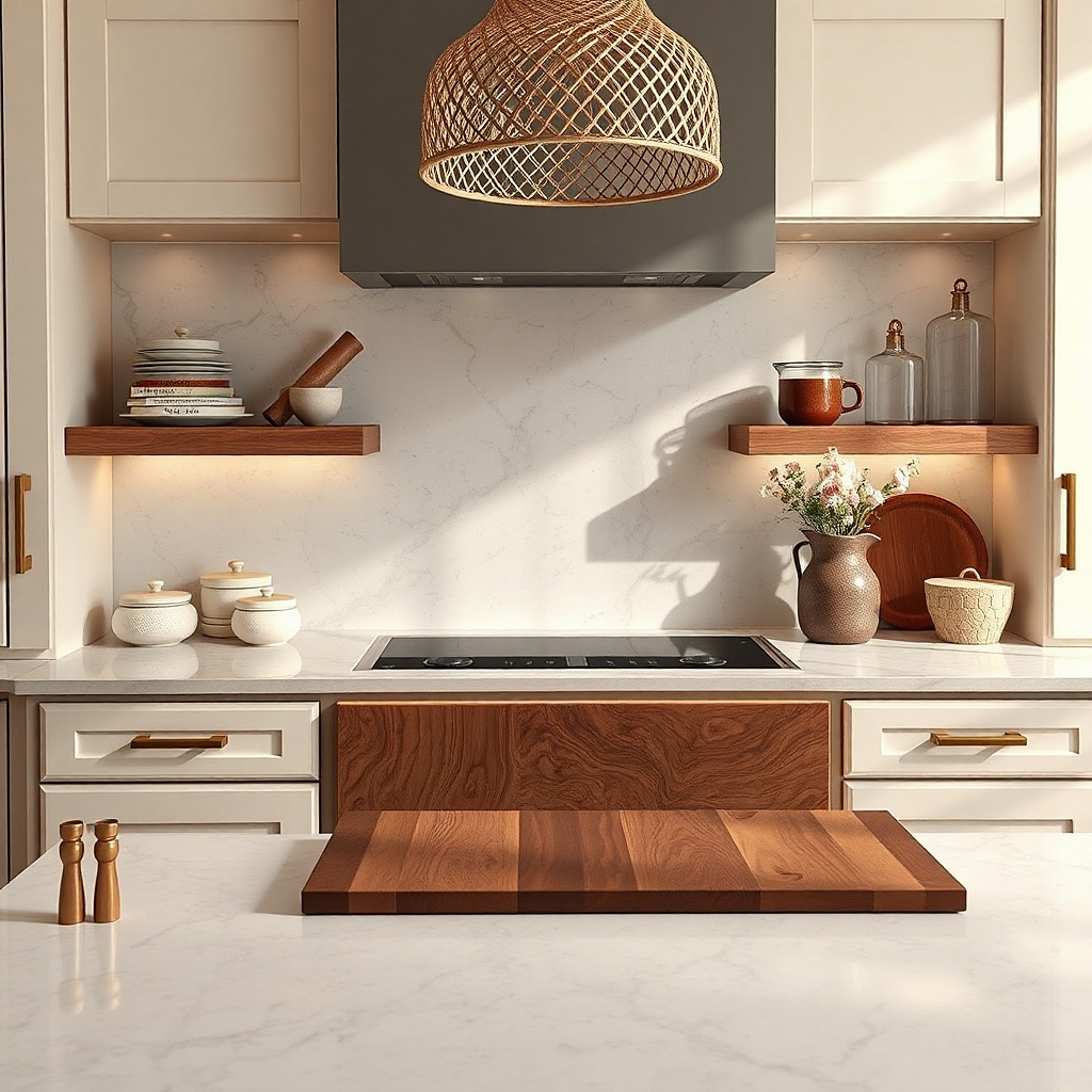 Warm wood baking counter inset between white quartz counters