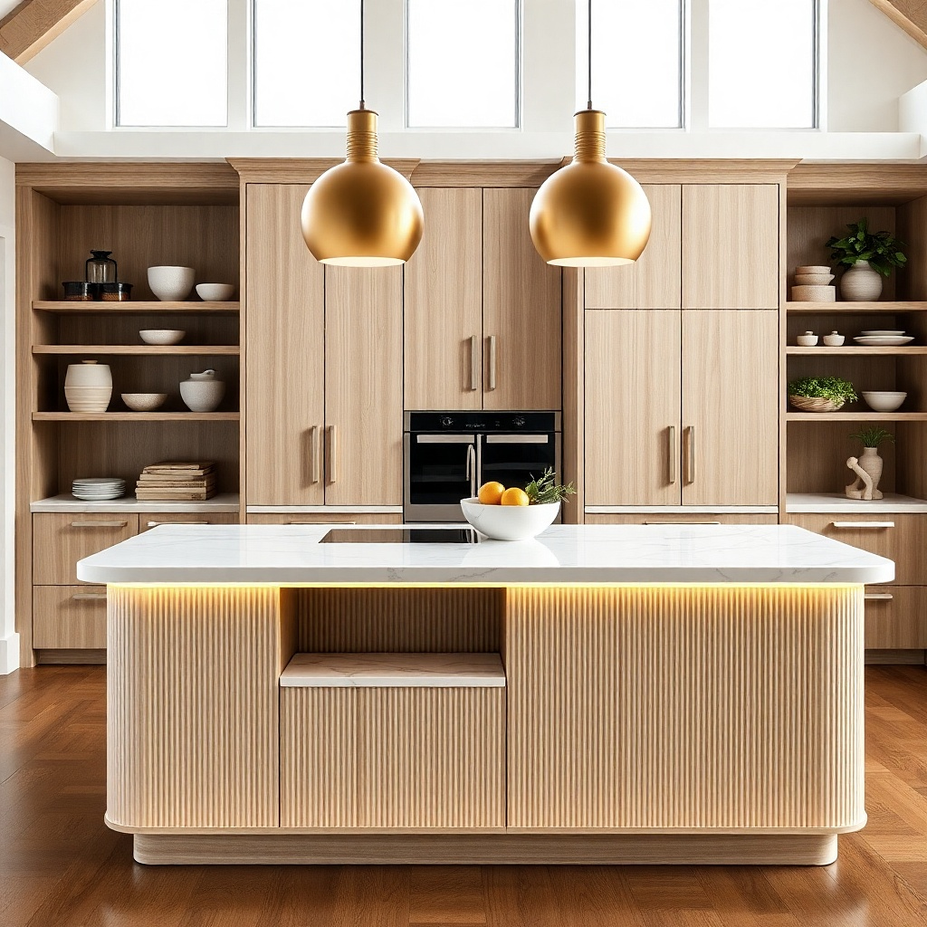 Kitchen island with fluted oak panel and pull-out stone baking shelf