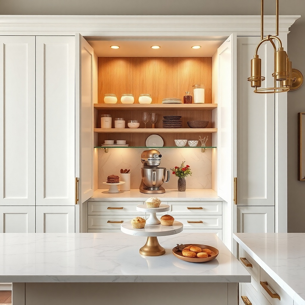 Cream baking hutch with hidden counter niche and marble work surface