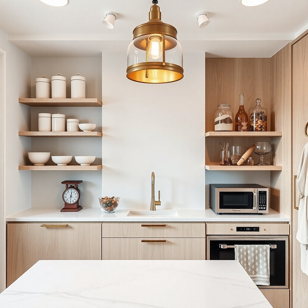 Small quartzite baking counter lit by a brass picture light