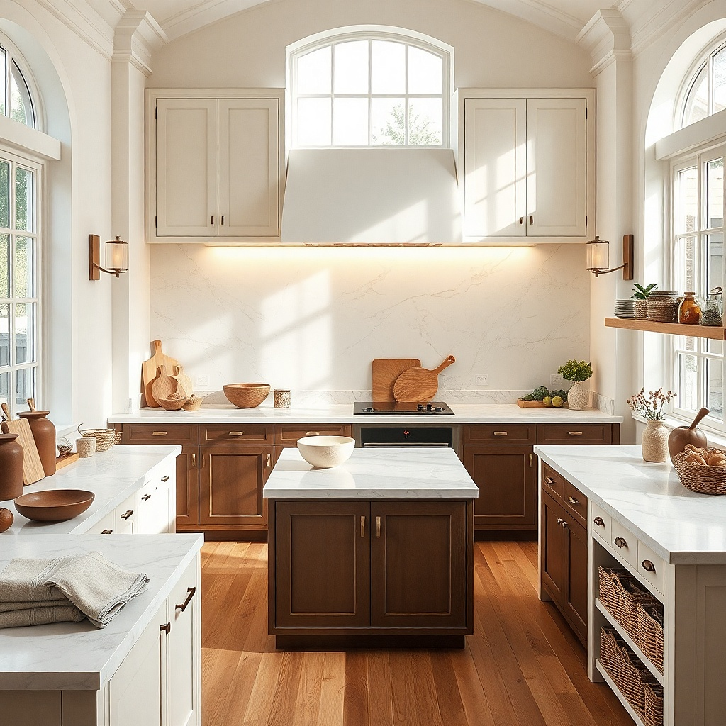 Kitchen baking station with lowered marble counter beside standard cabinetry