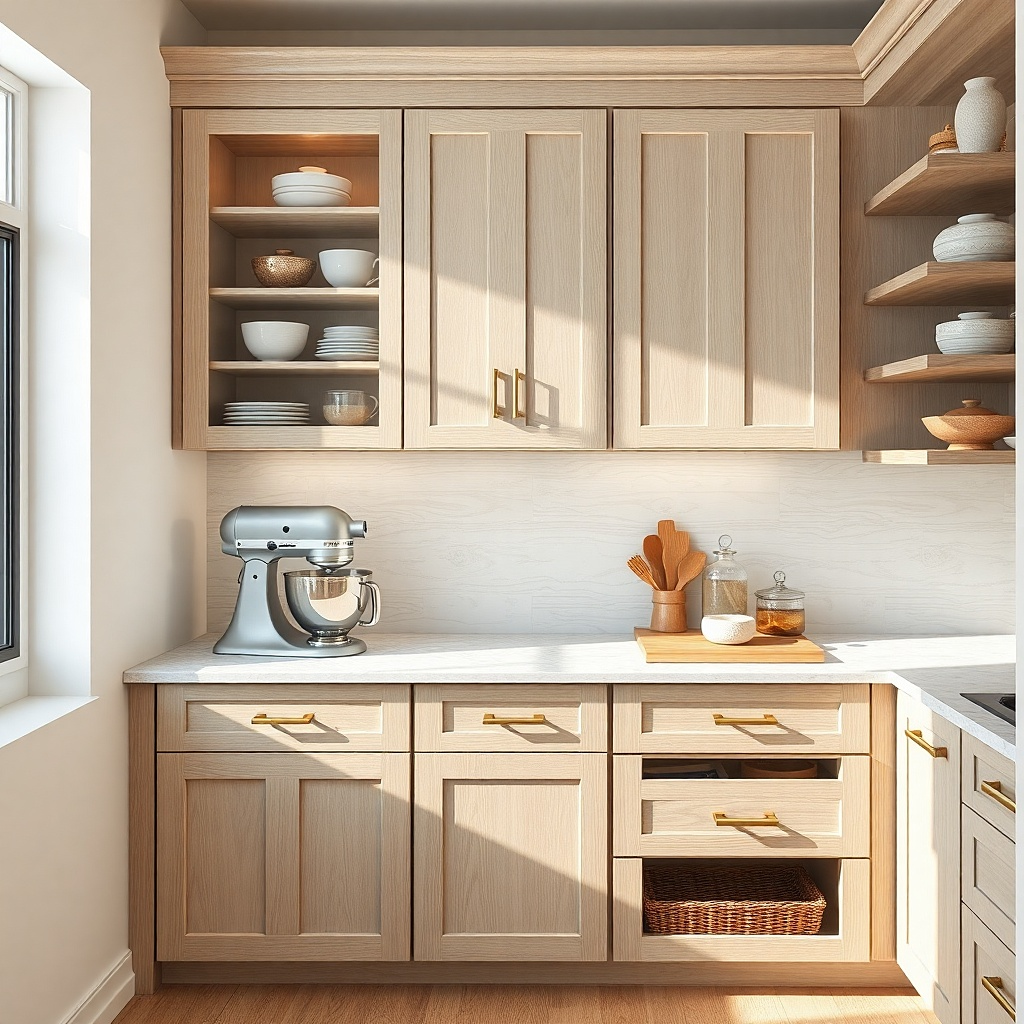 White oak baking station with reeded glass cabinets and pale stone counter