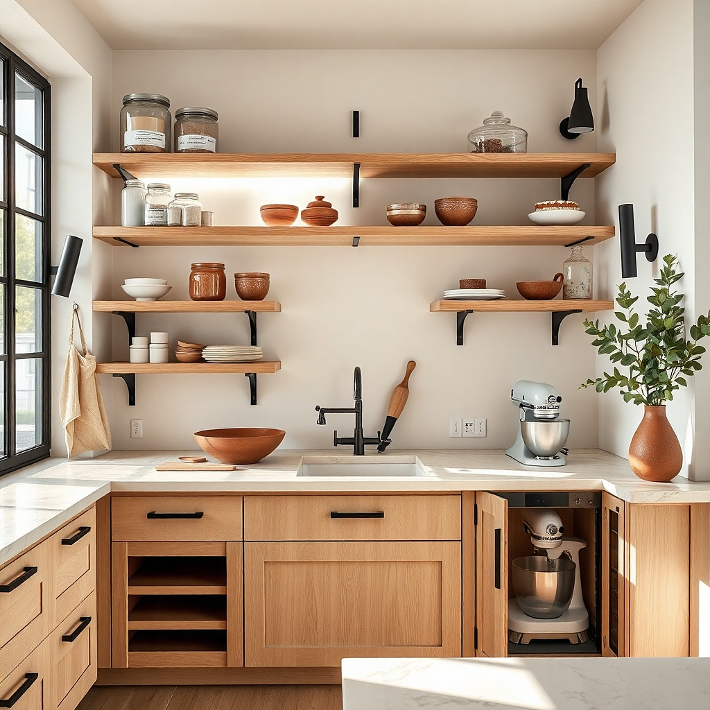 Warm stone baking counter with oak shelves on black steel brackets