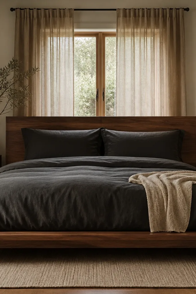 Walnut platform bed with charcoal duvet, tan throw, and floor-length linen curtains