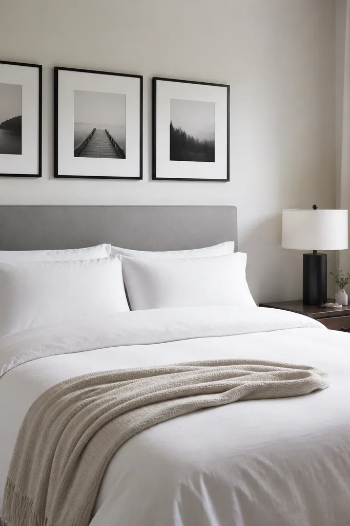Light gray upholstered headboard with white bedding and a black framed wall row