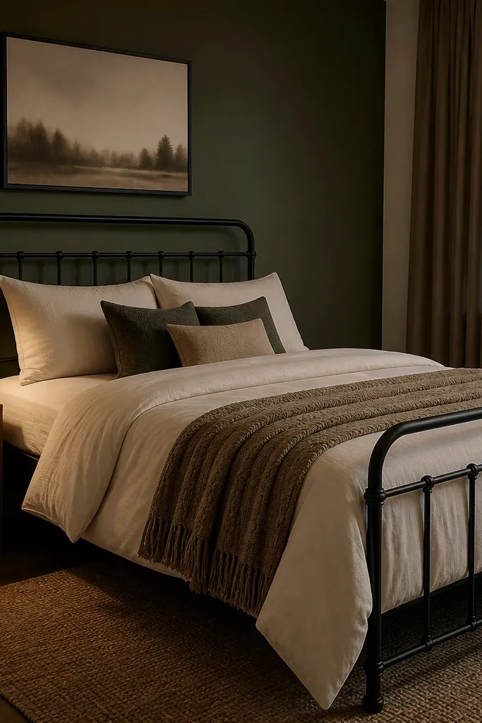Black iron bed with cream bedding against a deep green wall