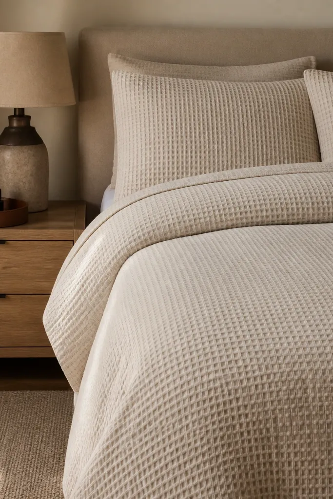 Beige waffle-knit duvet with cognac leather accents and a simple wood nightstand