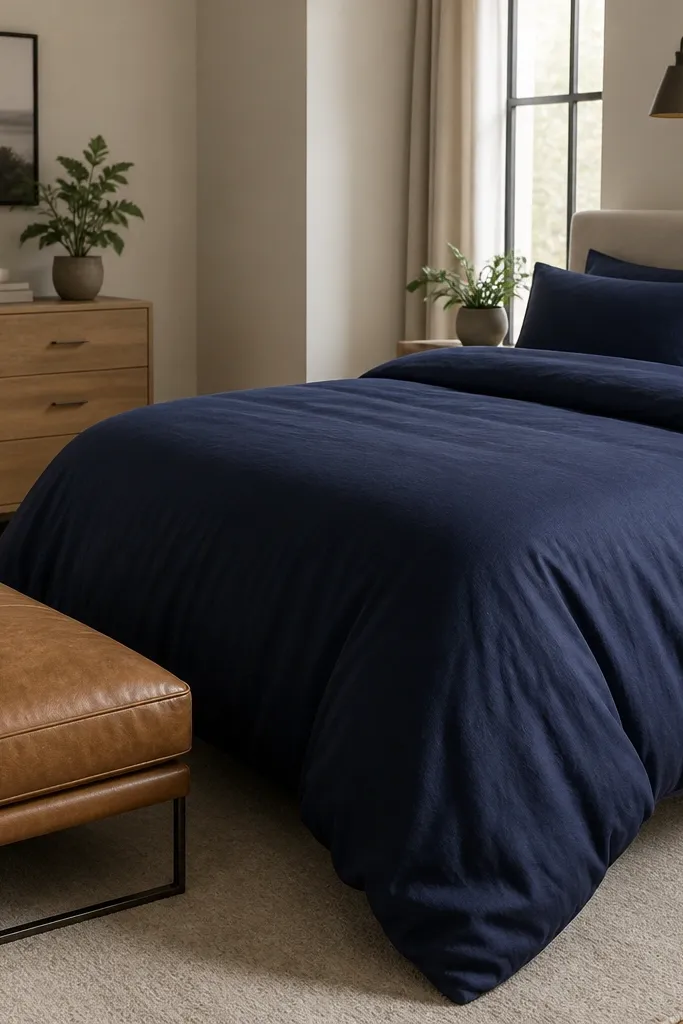 Navy duvet with tan leather footstool and light oak dresser with simple decor