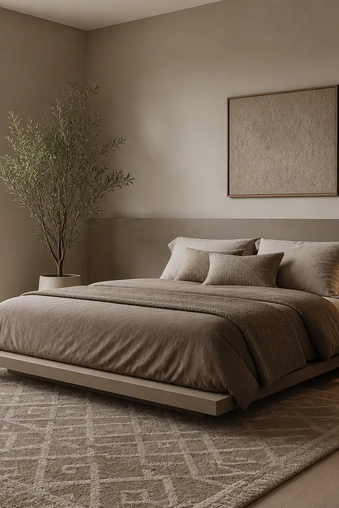 Taupe bedding on a low platform bed with a patterned rug and neutral walls